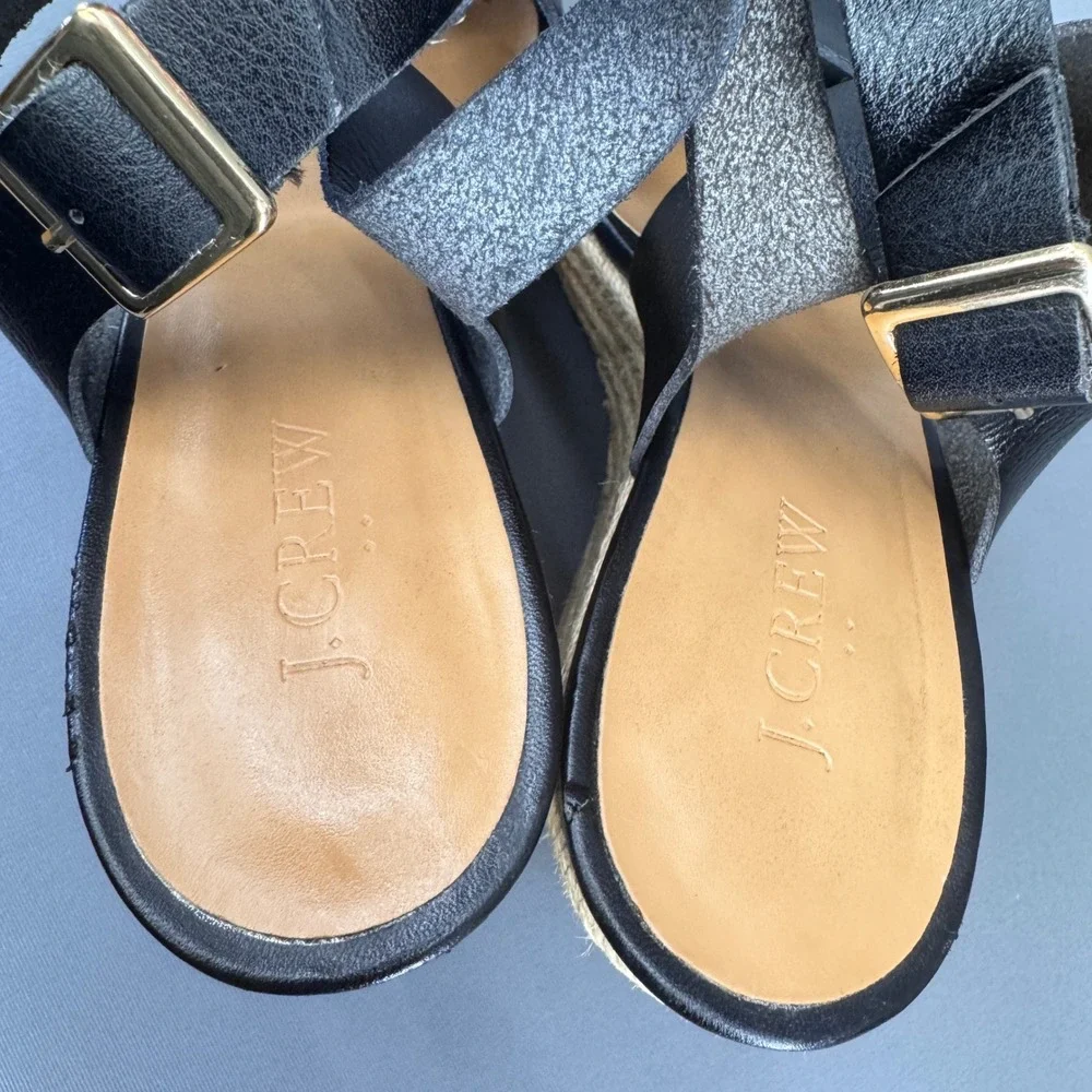 J.Crew Black Faux Leather Espadrille Wedge‎ High Heel Sandals 9M